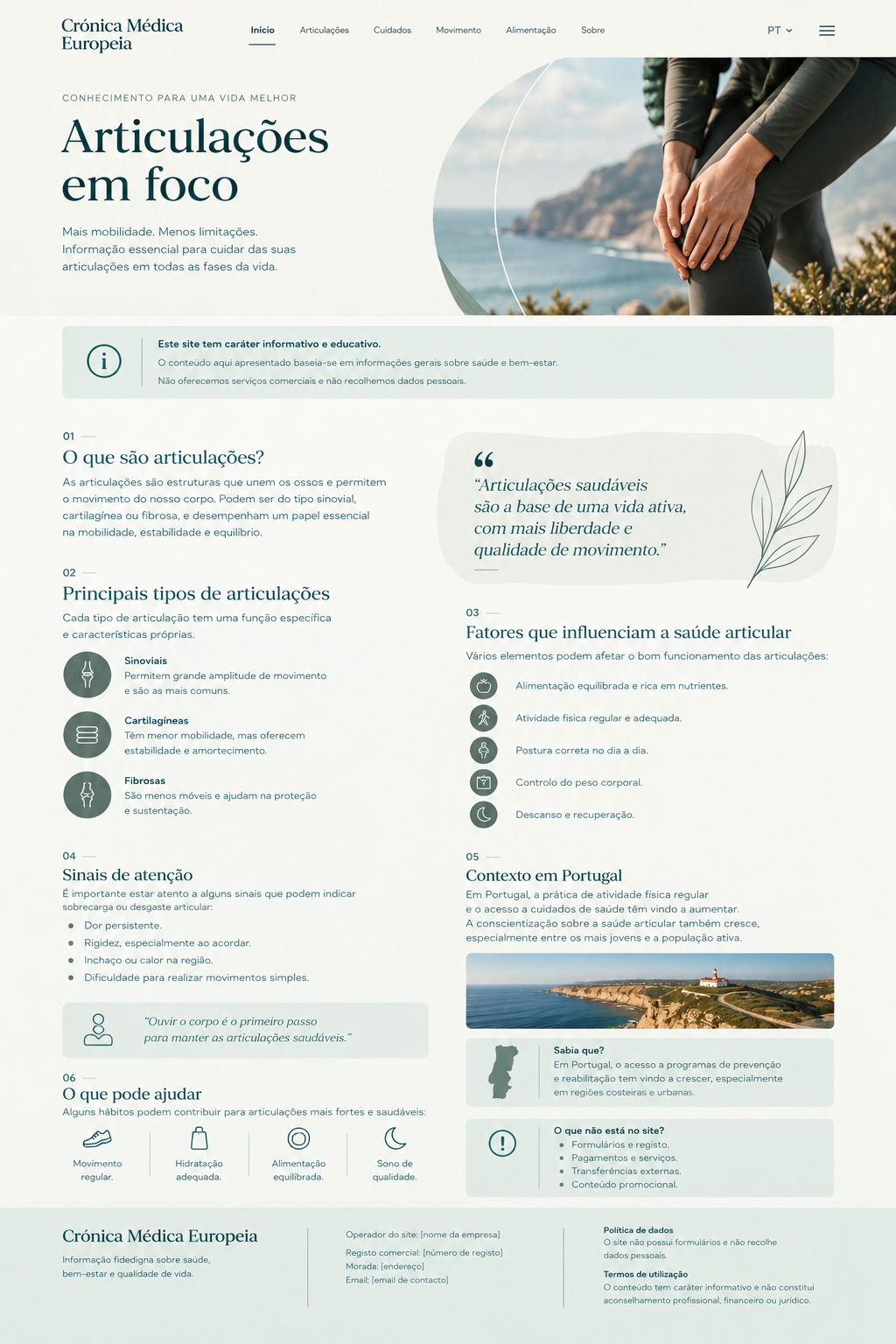Ilustração de uma pessoa em posição de cuidado do joelho junto a uma paisagem costeira